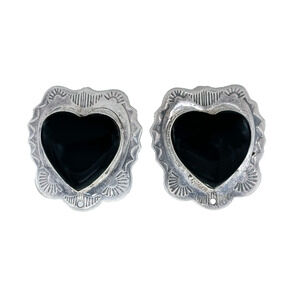 Vintage Southwest Sterling Silver Hand Tooled Black Onyx Heart Clip On Earrings